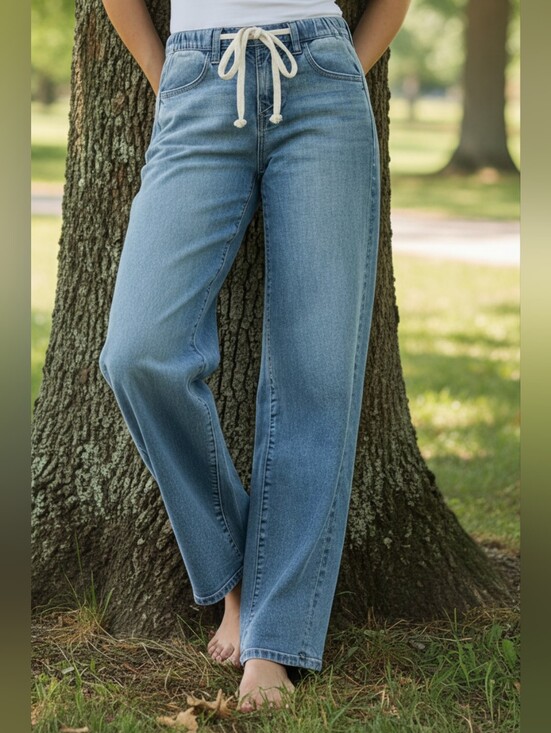 Risen Jeans Denim - Risen High-Waist Drawstring Elastic Waist Relaxed Fit Panel Wide-Leg Denim Jeans
